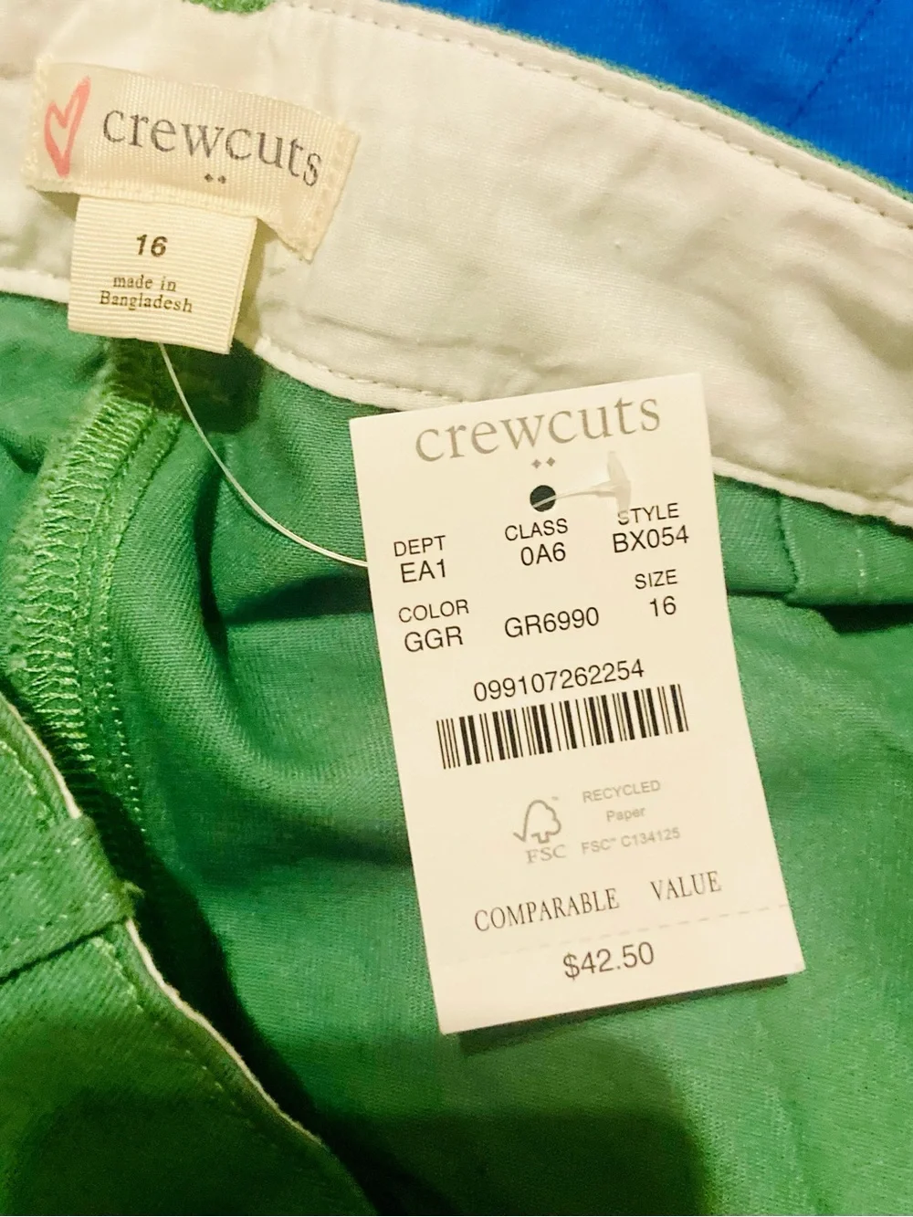 Crewcuts J.Crew Girls Pleated Chino Shorts Brand New Adj Waist Sz 16 - Green NWT